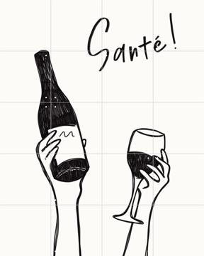 'Hands holding a wine bottle and a wine glass with the text "Cheers!" in French' par Rio Soley & Various